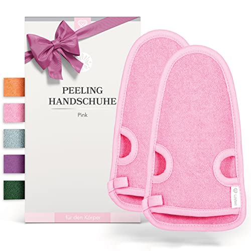 2 Stück - LoWell® - Peelinghandschuh rau inkl. Peeling-Guide + 2 x BONUS Saugnapf - Entspannung für deinen Körper - Wellness Handschuh - Dusch Schwamm Body - Hamam Handschuhe Gesicht (Pink)