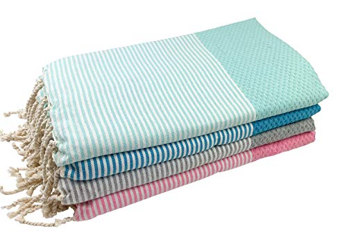 SOLTAKO XXL 4X Fouta Strandtuch Saunatuch Badetuch Hamamtuch  Pestemal Geschenkset extra groß, 100 x 200 cm (Farben: Kirschblütenrosa-Mint-Aqua-Pastellgrau) - 2