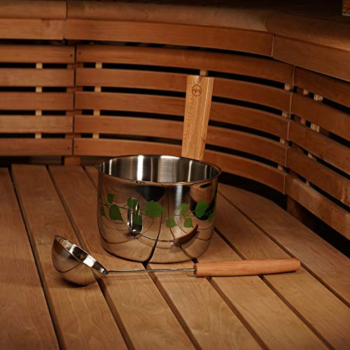 LUMO Edelstahl 5L Sauna Kübel mit Kelle, Sauna Zubehör Set mit Birkenblattmuster und Holzgriff – Saunakübel Set - 3