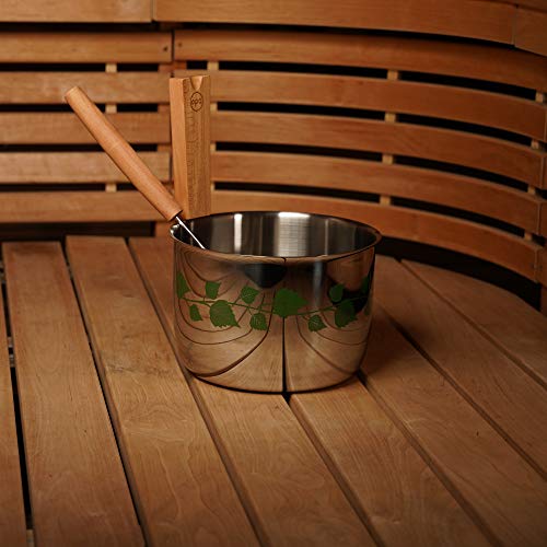 LUMO Edelstahl 5L Sauna Kübel mit Kelle, Sauna Zubehör Set mit Birkenblattmuster und Holzgriff – Saunakübel Set - 4