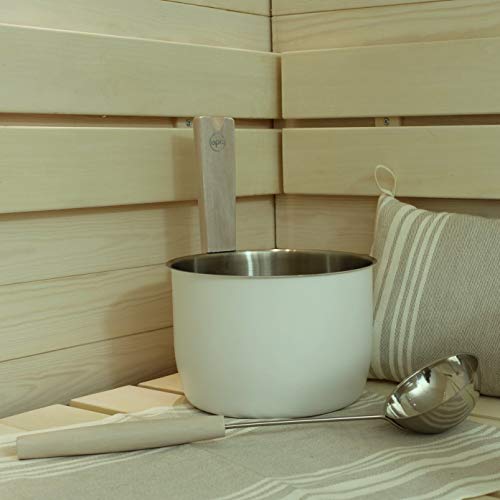 LUMO Edelstahl 5L Sauna Kübel mit Kelle, Sauna Zubehör Set Weiss mit Holzgriff – Saunakübel Set - 7