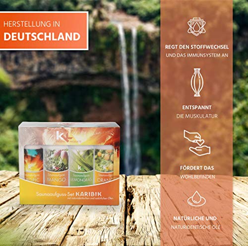 KK Saunaaufguss-Set Karibik – Made in Germany – 4 verschiedene Duftsorten in einem Set – Tropic, Mango, Lemongras, Orange – 100ml Flasche – in verschiedenen Varianten erhältlich - 6