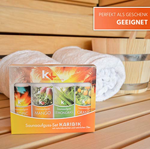 KK Saunaaufguss-Set Karibik – Made in Germany – 4 verschiedene Duftsorten in einem Set – Tropic, Mango, Lemongras, Orange – 100ml Flasche – in verschiedenen Varianten erhältlich - 7