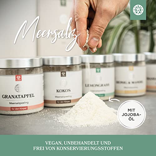 LoWell® Körperpeeling aus Meersalz 500g – Mit Jojobaöl – Intensives Scrub Erlebnis für ein straffes Hautbild – Peelingsalz für Dusche und Sauna – Lemongrass - 3