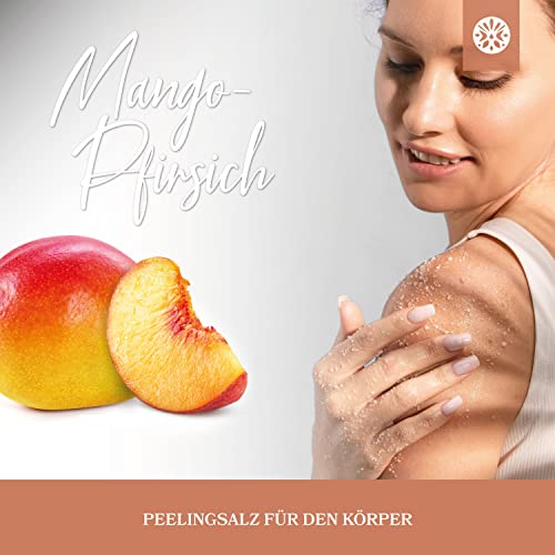 LoWell® Körperpeeling aus Meersalz 500g – Mit Jojobaöl – Intensives Scrub Erlebnis für ein straffes Hautbild – Peelingsalz für Dusche und Sauna – Mango-Pfirsich - 2