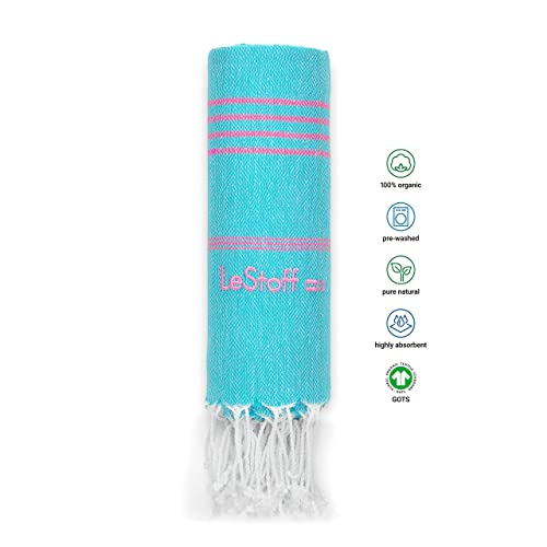 LeStoff das traditionelle Hamamtuch Strandtuch Badetuch Saunatuch Duschtuch Spa Sport Yoga Reisen 100% Bio-Baumwolle (100 x 180 cm, Aqua – Pink) - 2