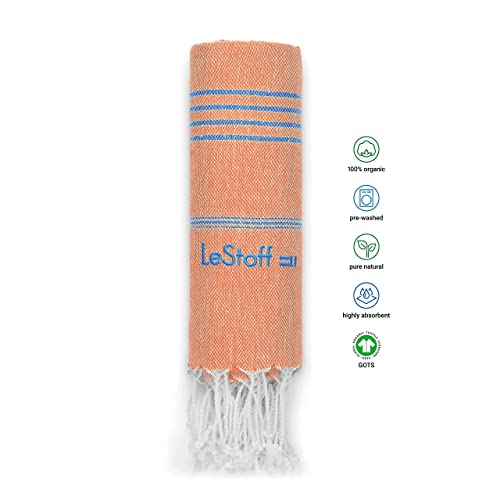 LeStoff das traditionelle Hamamtuch Strandtuch Badetuch Saunatuch Duschtuch Spa Sport Yoga Reisen 100% Bio-Baumwolle (100 x 180 cm, Orange – Sky Blue) - 2