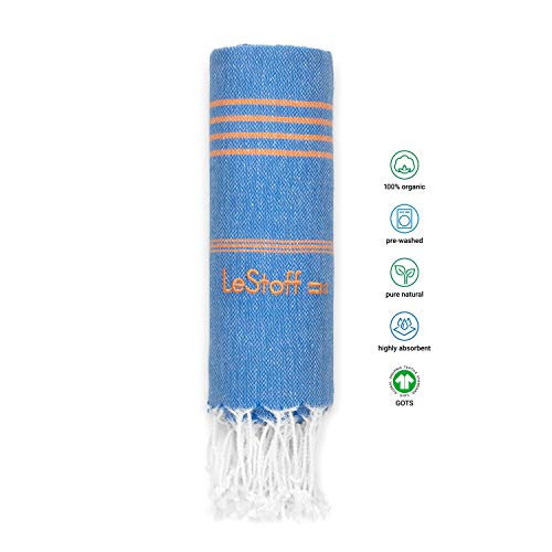 LeStoff das traditionelle Hamamtuch Strandtuch Badetuch Saunatuch Duschtuch Spa Sport Yoga Reisen 100% Bio-Baumwolle (100 x 180 cm, Sky Blue – Orange) - 2