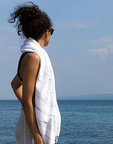 LeStoff das traditionelle Hamamtuch Strandtuch Badetuch Saunatuch Duschtuch Spa Sport Yoga Reisen 100% Bio-Baumwolle (100 x 180 cm, White – Grey) - 7