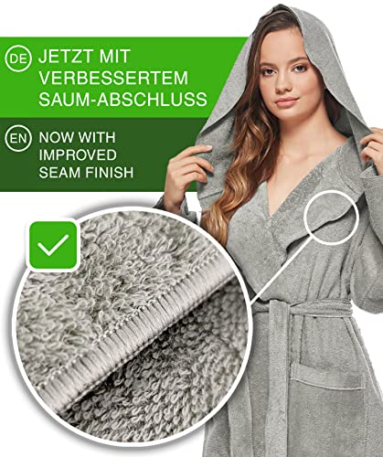 Arus Damen Bademantel mit Kapuze extra lang 100% Baumwolle, Morgenmantel Saunamantel Hausmantel, Weiß, S - 6