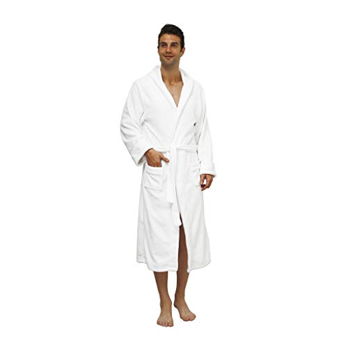 Lumaland Luxury Mikrofaser Bademantel mit Kapuze für Damen und Herren verschiedene Größen und Farben Weiß