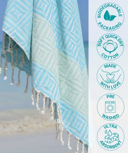 ZusenZomer Hamamtuch Fouta XXL 100×200 – Hamam Badetuch Strandtuch mit Fransen Pestemal Saunatuch Extra groß – Damen- 100% gekämmte Baumwolle Handgewebt – Fair Trade Hammam Tücher (Türkis) - 3