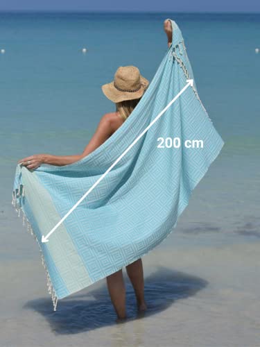 ZusenZomer Hamamtuch Fouta XXL 100×200 – Hamam Badetuch Strandtuch mit Fransen Pestemal Saunatuch Extra groß – Damen- 100% gekämmte Baumwolle Handgewebt – Fair Trade Hammam Tücher (Türkis) - 4