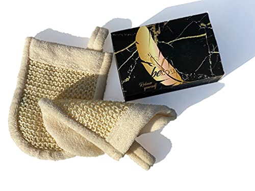 beYou ® Massage Handschuh [2er Set] Peelinghandschuh aus Sisal Handgefertigt und Hochwertig [inkl. Saugnapf Wandhacken] Perfekt als Peeling Schwamm