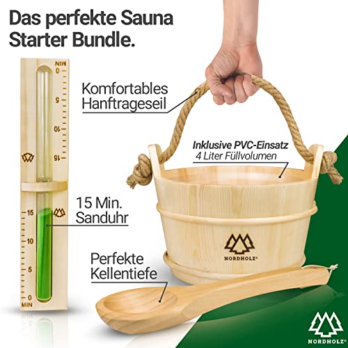 NORDHOLZ® Sauna Eimer mit Kelle aus 100% nordischer Fichte – Einsatz, Hanftrageseil & Gratis E-Book – Wellness Aufguss Komplett Paket - 2