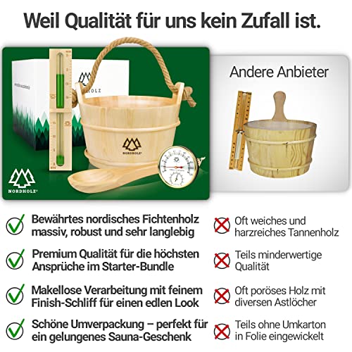 NORDHOLZ® Sauna Eimer mit Kelle aus 100% nordischer Fichte – Einsatz, Hanftrageseil & Gratis E-Book – Wellness Aufguss Komplett Paket - 4