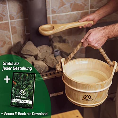 NORDHOLZ® Sauna Eimer mit Kelle aus 100% nordischer Fichte – Einsatz, Hanftrageseil & Gratis E-Book – Wellness Aufguss Komplett Paket - 5