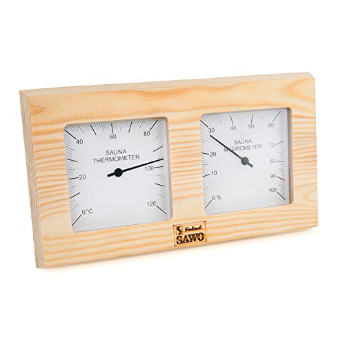 Sawo Kiefer Zubehör Set für Sauna 5-teilig: 4L Eimer und 46cm Schöpfkelle zusammen mit Thermo-Hygrometer, Sanduhr und 5x15ml ätherisches Öl - 5