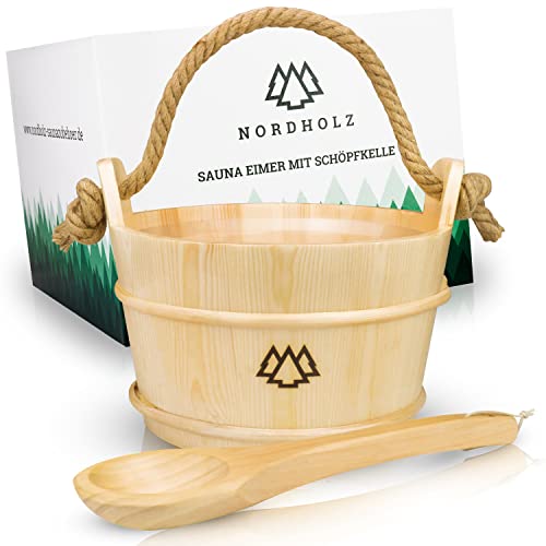 NORDHOLZ® Sauna Eimer mit Kelle aus 100% nordischer Fichte - Hochwertiges Sauna Zubehör - Einsatz, Hanftrageseil & Gratis E-Book - Saunaeimer Set