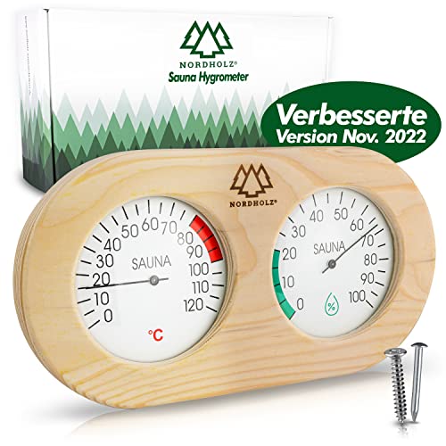 NORDHOLZ® Sauna Thermometer Hygrometer Holz - Präzise und leicht ablesbare Anzeige für die richtige Temperatur und Luftfeuchtigkeit - Sauna Hygrometer Thermometer
