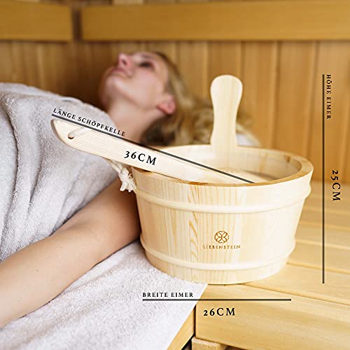 Liebenstein® Sauna Eimer mit Kelle [4L] – handgefertigt aus finnischem Kiefernholz –  bestehend aus Saunaeimer, Saunakelle und Schutzeinsatz - 4