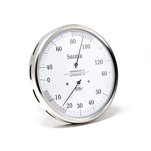 Fischer 194.01 - Sauna-Thermohygrometer - 130mm Haar-Hygrometer und Bimetall-Thermometer aus Edelstahl Made in Germany