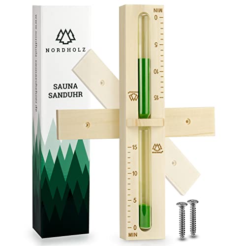 NORDHOLZ® Sauna Sanduhr 15 Minuten aus 100% nordischer Fichte - Glas robust & hitzebeständig - Kontrastfarbe Grün + 2 Edelstahl Schrauben