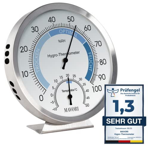 MAVORI® Thermometer Hygrometer innen analog - Temperaturmessgerät und Luftfeuchtigkeitsmessgerät innen aus hochwertigem Edelstahl für eine zuverlässige und komfortable Raumklima Kontrolle