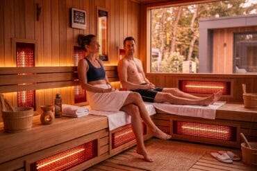 Zwei Personen entspannen in einer modernen Sauna mit Holzinterieur und warmer Beleuchtung.