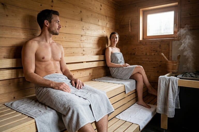 Zwei Personen in Sauna, entspannen auf Holzbank, Dampfbad im Hintergrund.