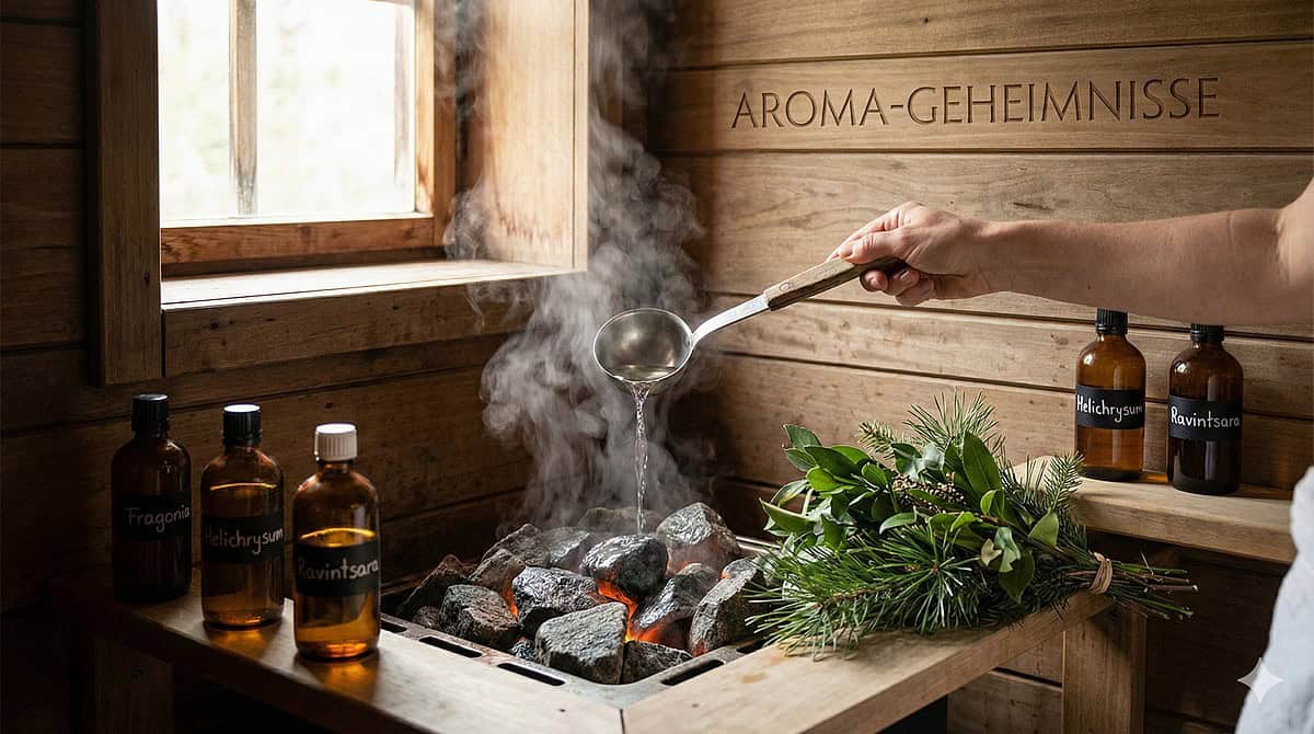 Aroma-Geheimnisse für die Sauna entdecken Hochwertige ätherische Öle wie Helichrysum und Fragonia bei einem Saunaaufguss
