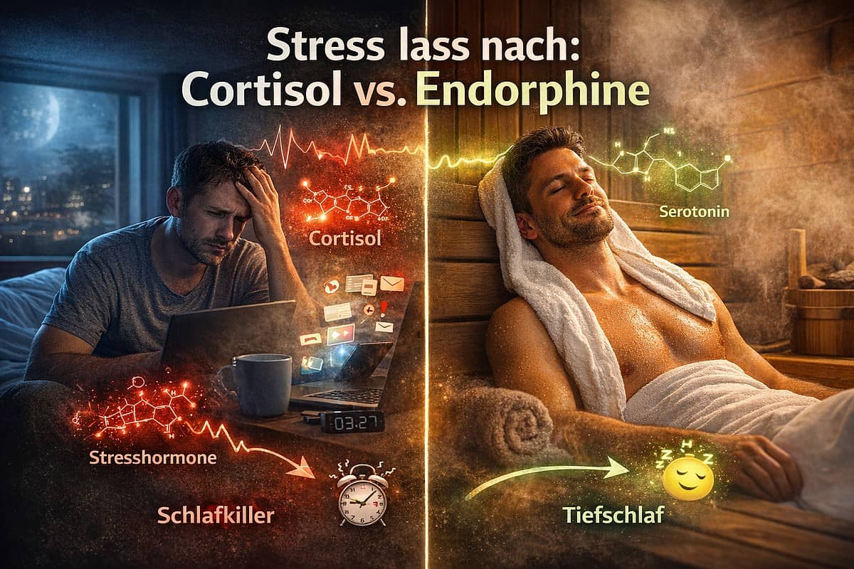 Gestresster Mann vor Laptop, entspannter Mann im Saunabereich mit Tiefschlaf, Stresshormone, Cortisol, Serotonin, Erholung, Wellness.