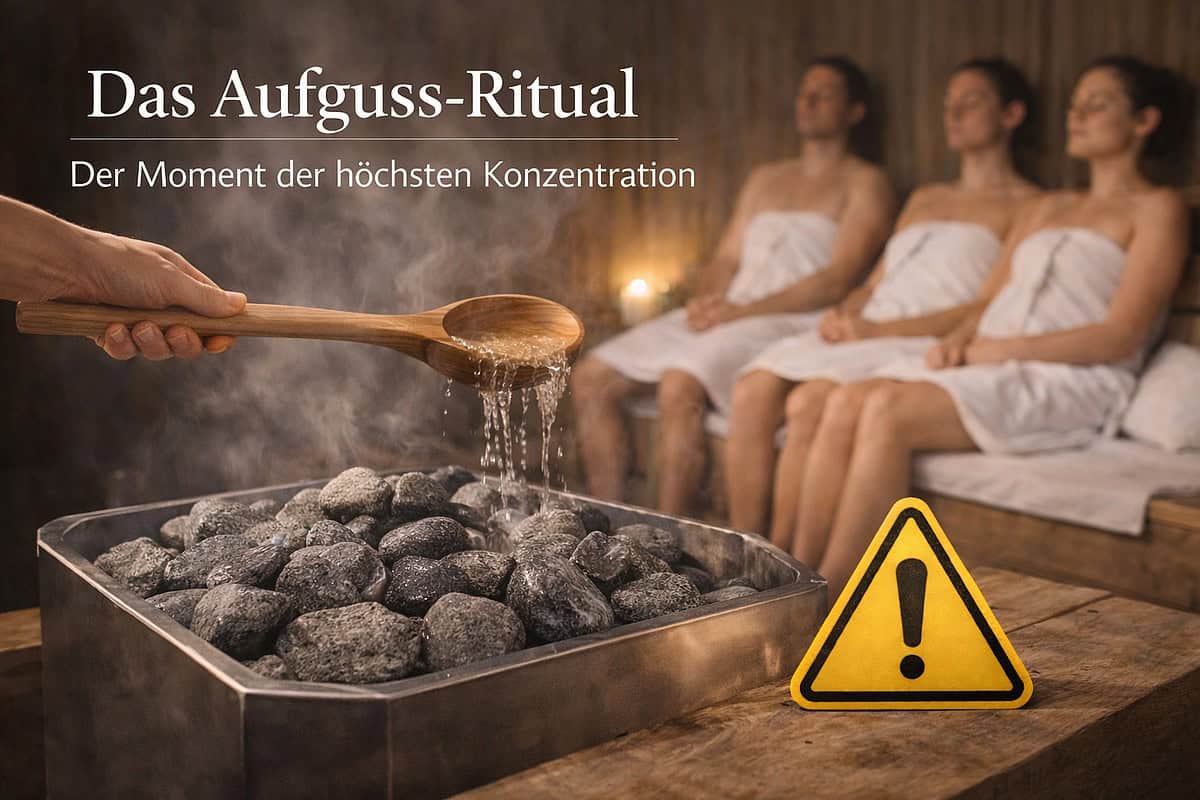 Sauna Aufguss mit Steinen und Aufguss-Handschlag.