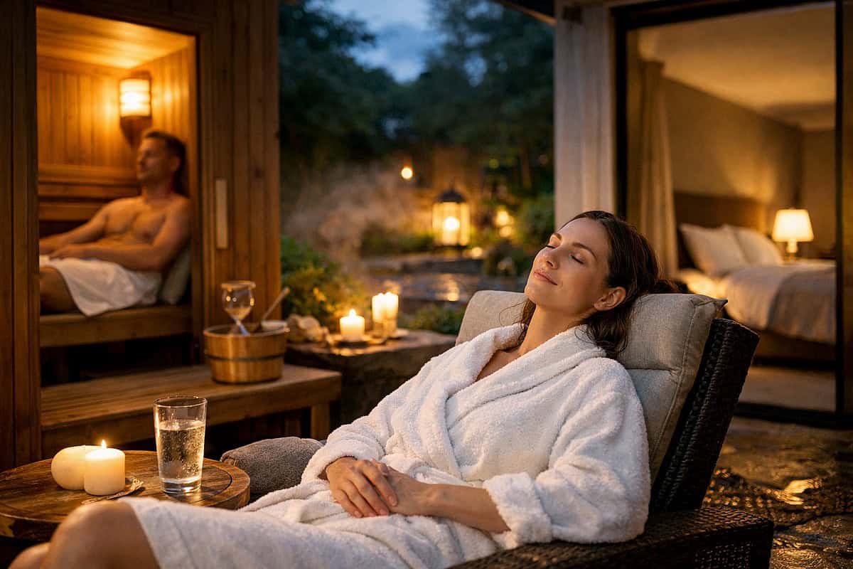 Entspannte Frau in Bademantel bei Saunazeit in Außen-Whirlpool, Natur und Wellness Erlebnis.
