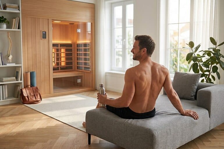 Mann entspannt in einer Sauna mit Blick auf den Garten.