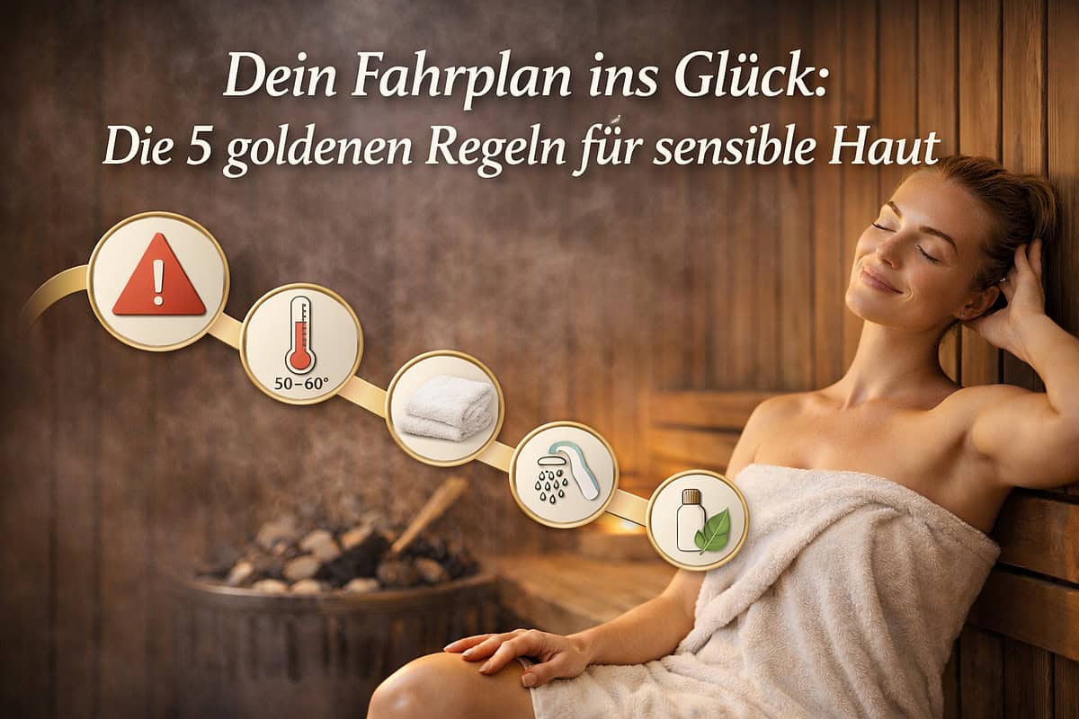 Entspannte Frau in Sauna mit Tipps für sensible Haut, Saunazeit, Gesundheit und Wohlbefinden.