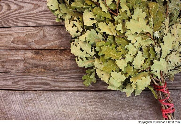 Oak broom for a bath on wooden surface