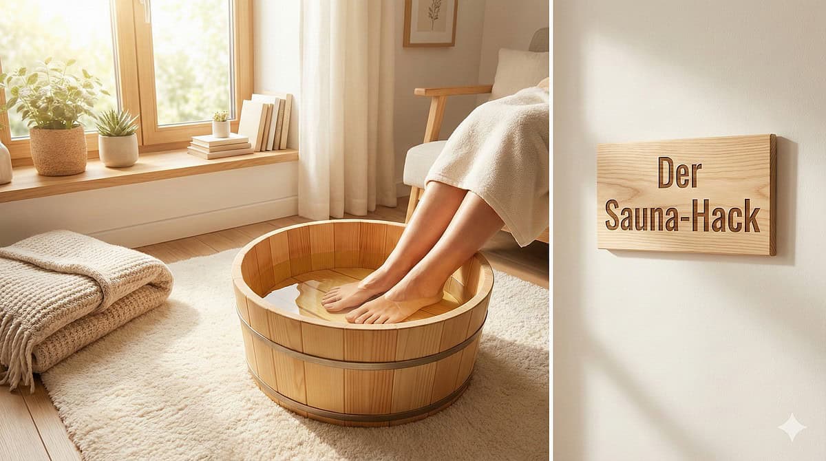 Der Sauna-Hack: Warum ein warmes Fußbad die beste Abkühlung nach der Sauna ist. Füße in einem klassischen Holz-Fußbad in einem hellen, freundlichen Ruheraum mit einem Holzschild Der Sauna-Hack an der Wand