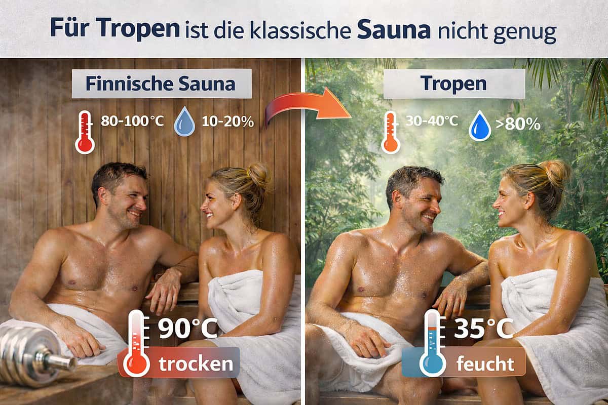 Entspannter Mann und Frau im Saunaraum, Wasserthermometer bei 90°C, ideale Bedingungen für Finnische Sauna.