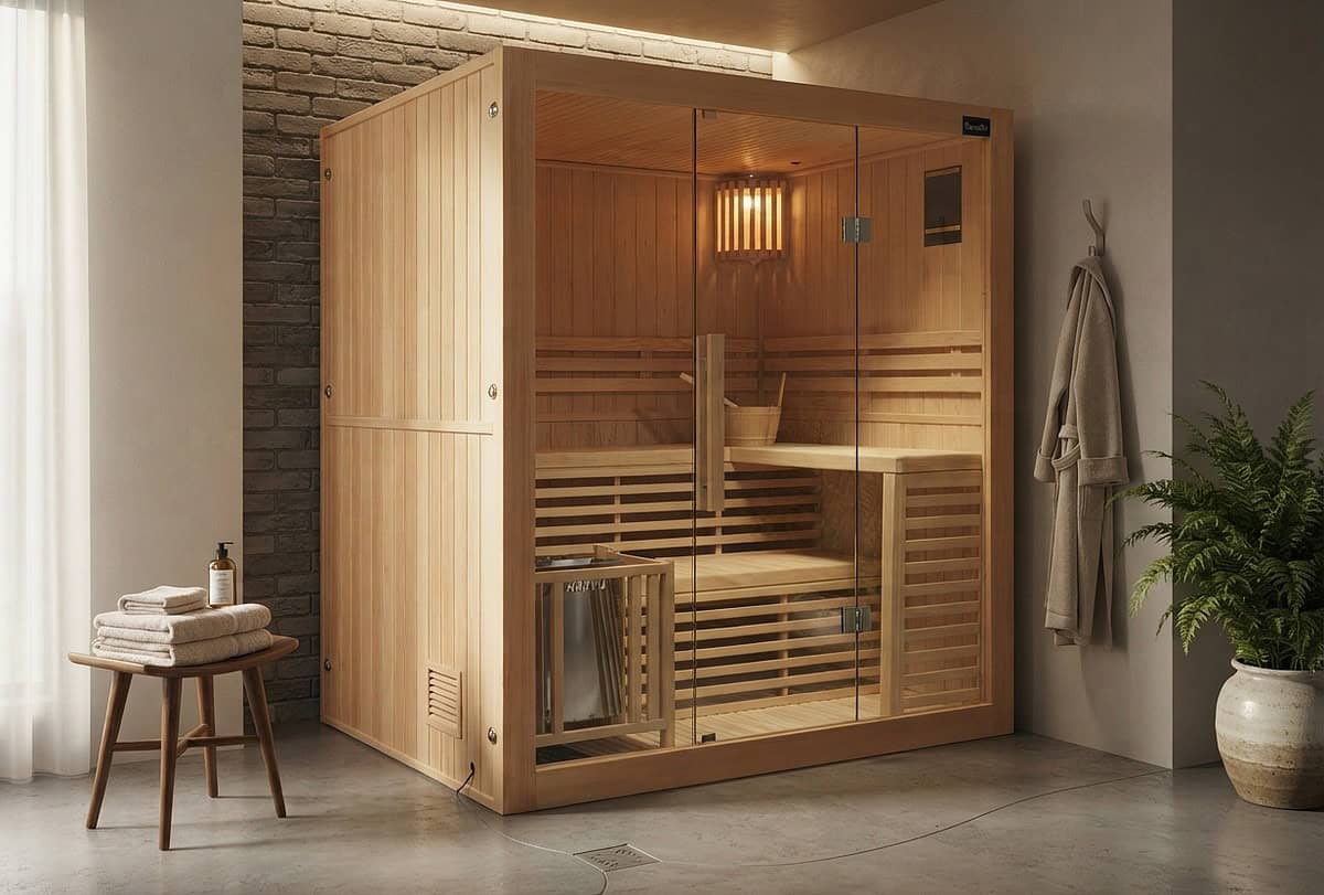 Dewello Sarnia 180 × 140 cm: Finnische Heimsauna mit Harvia-Ofen im Check