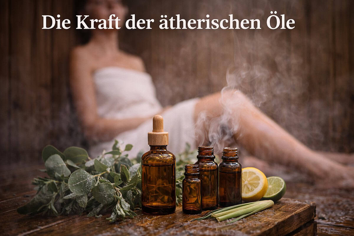 Beruhigende ätherische Ölflaschen und Wellness-Set für Entspannung und Gesundheit.