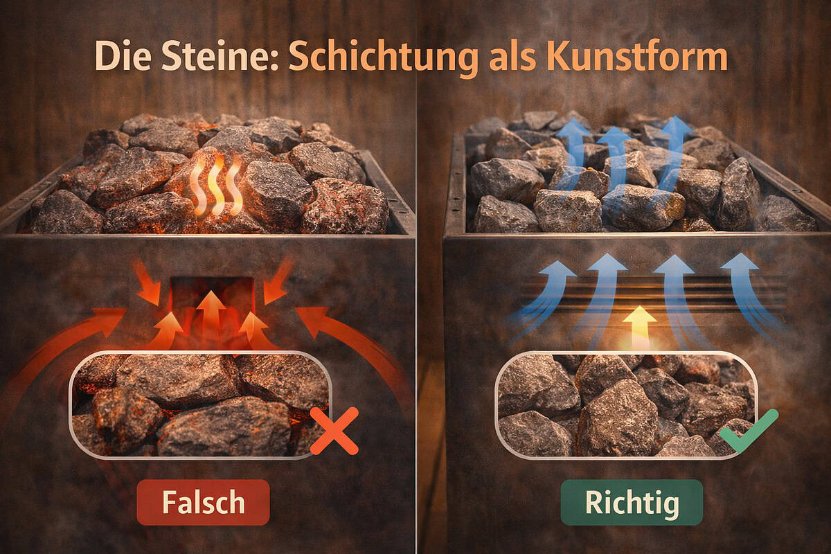Vergleich von falscher und richtiger Steinlegung im Saunaofen für optimale Hitzeverteilung.