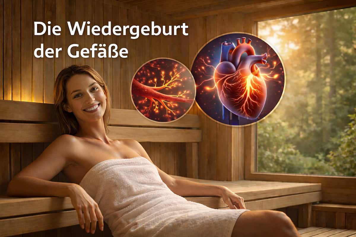 Entspannende Frau in Sauna mit Herz- und Gefäßdiagrammen, Wellness und Gesundheit Fokus.