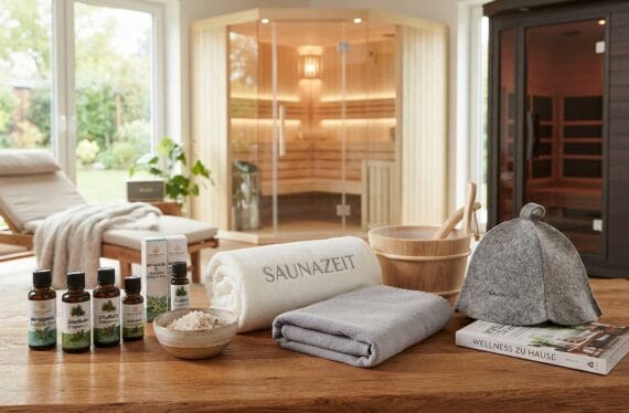 Entspannungs- und Wellnessprodukte für Sauna und Spa im modernen Raum.
