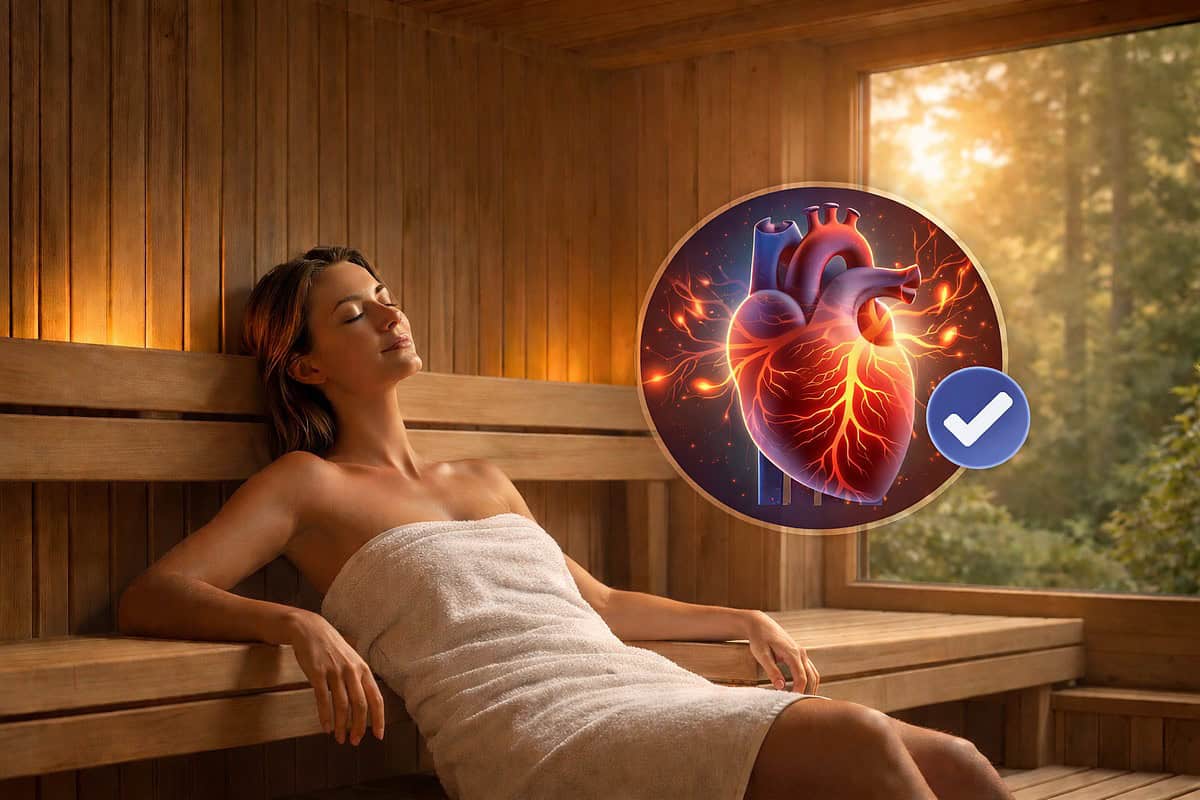 Entspannende Frau in Sauna mit Herz-Kreislauf-Studie, gesundes Herz, Wellness, Sauna-Zeit.