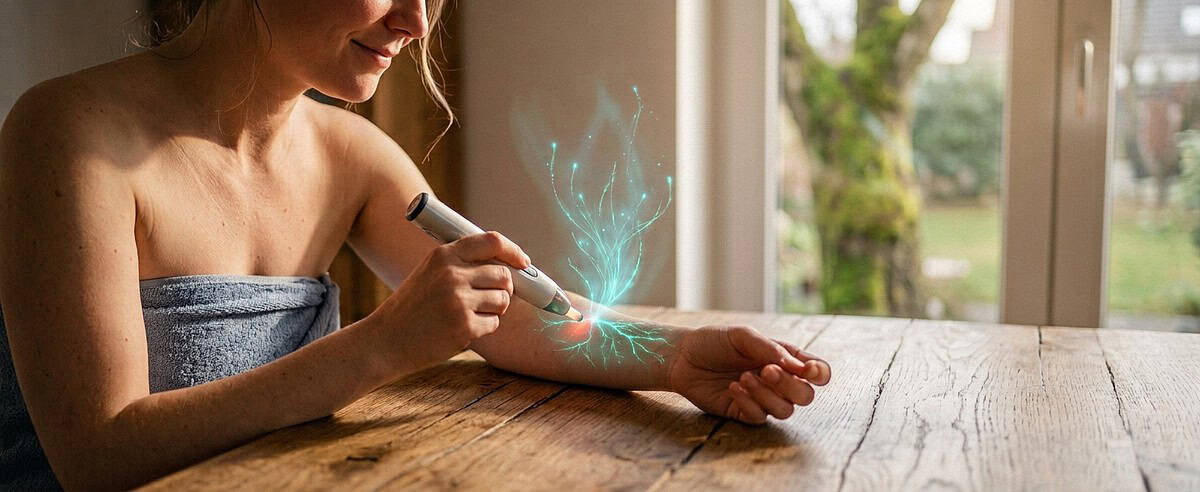 Foto einer Frau, die ein modernes Hitzestift-Gerät auf ihrem Arm anwendet, wobei leuchtende türkisfarbene Lichtbahnen die Wirkung symbolisieren. Sie sitzt an einem Holztisch vor einem Gartenfenster.