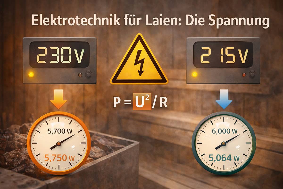 Elektrische Spannung und Leistung in der Sauna, anschauliche Darstellung für Laien.