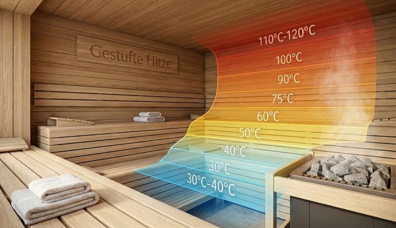 Infografik einer Holzsauna mit dem Titel „Gestufte Hitze“. Ein farbiger Overlay-Verlauf zeigt die physikalische Luftschichtung von kühlen 30–40 °C am Boden bis hin zu Spitzenwerten von 110–120 °C direkt unter der Decke.