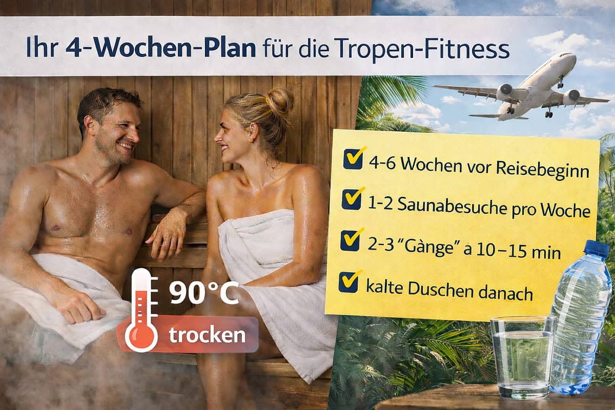 Entspannendes Saunapaar in der Sauna bei 90°C, trocken, mit Wasserflasche im Hintergrund.