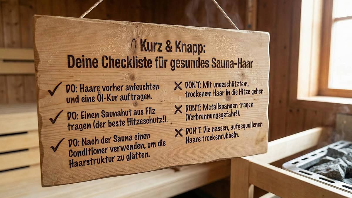 Sauna-Haushalt Tipps auf Holzschild, Sauna Hygiene, Saunaregeln, Saunahaare, SaunaCheckliste.